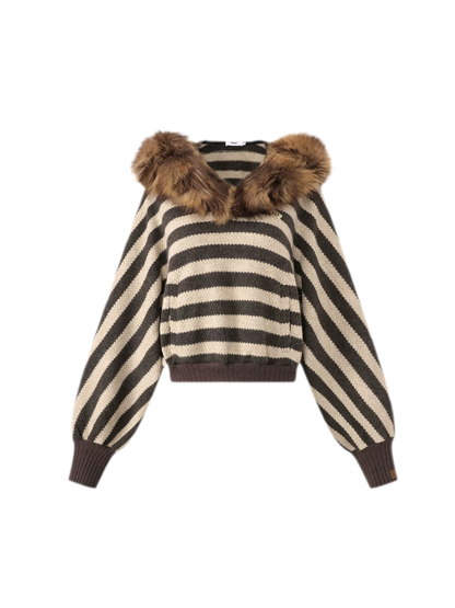Striped Faux-Fur Collar Sweater