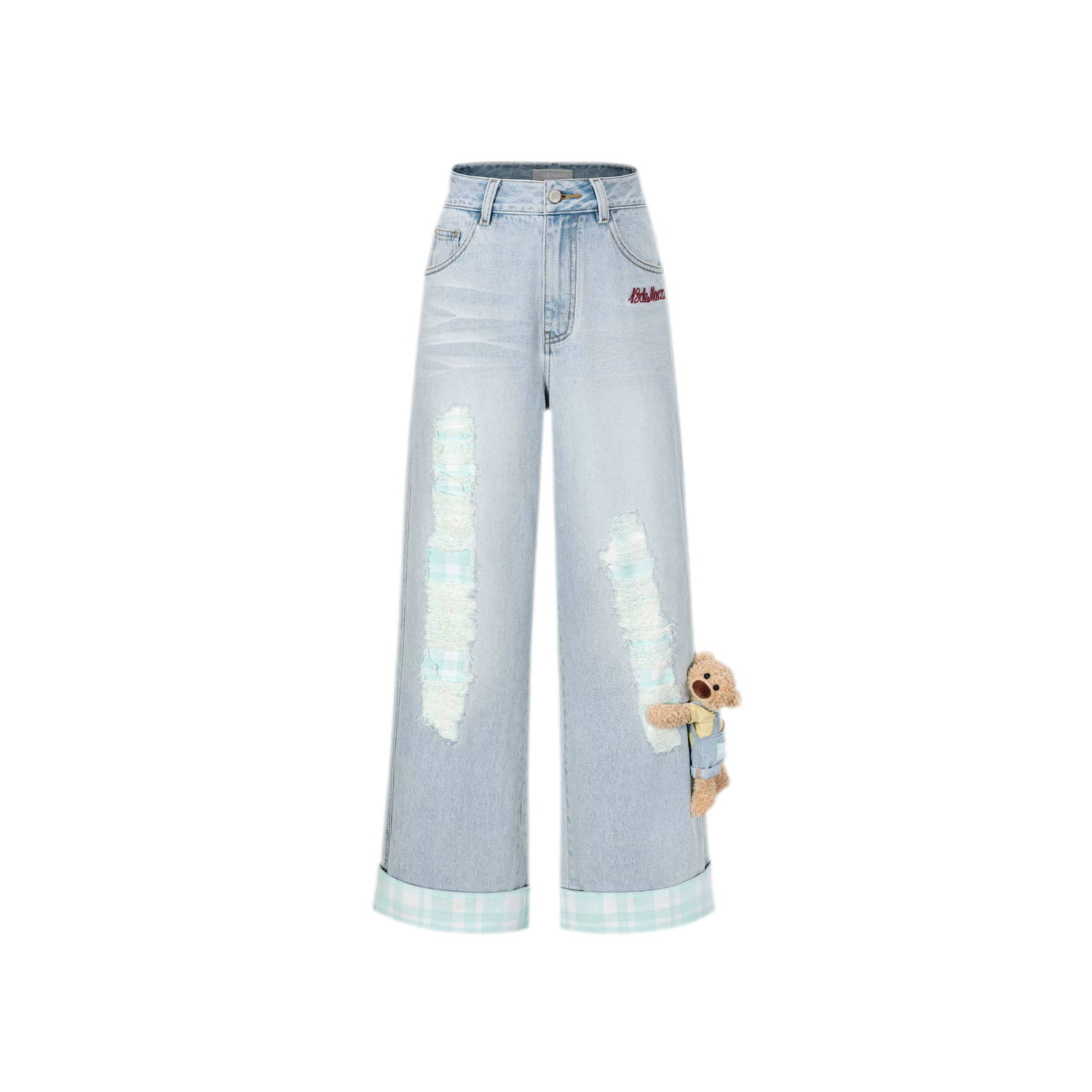 Plaid Cuff Embroidered Jeans