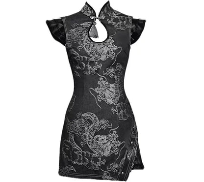 Washed Denim Dragon Qipao Dress