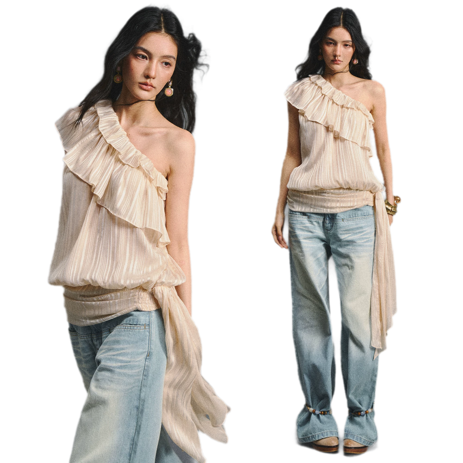 Asymmetric Ruffle Shoulder Top