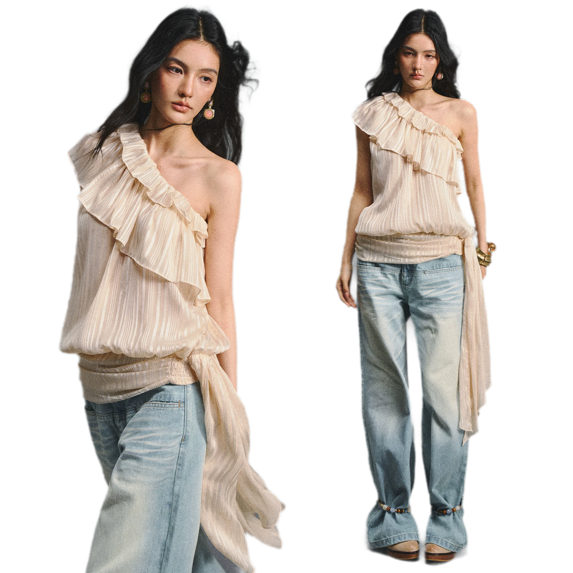 Asymmetric Ruffle Shoulder Top