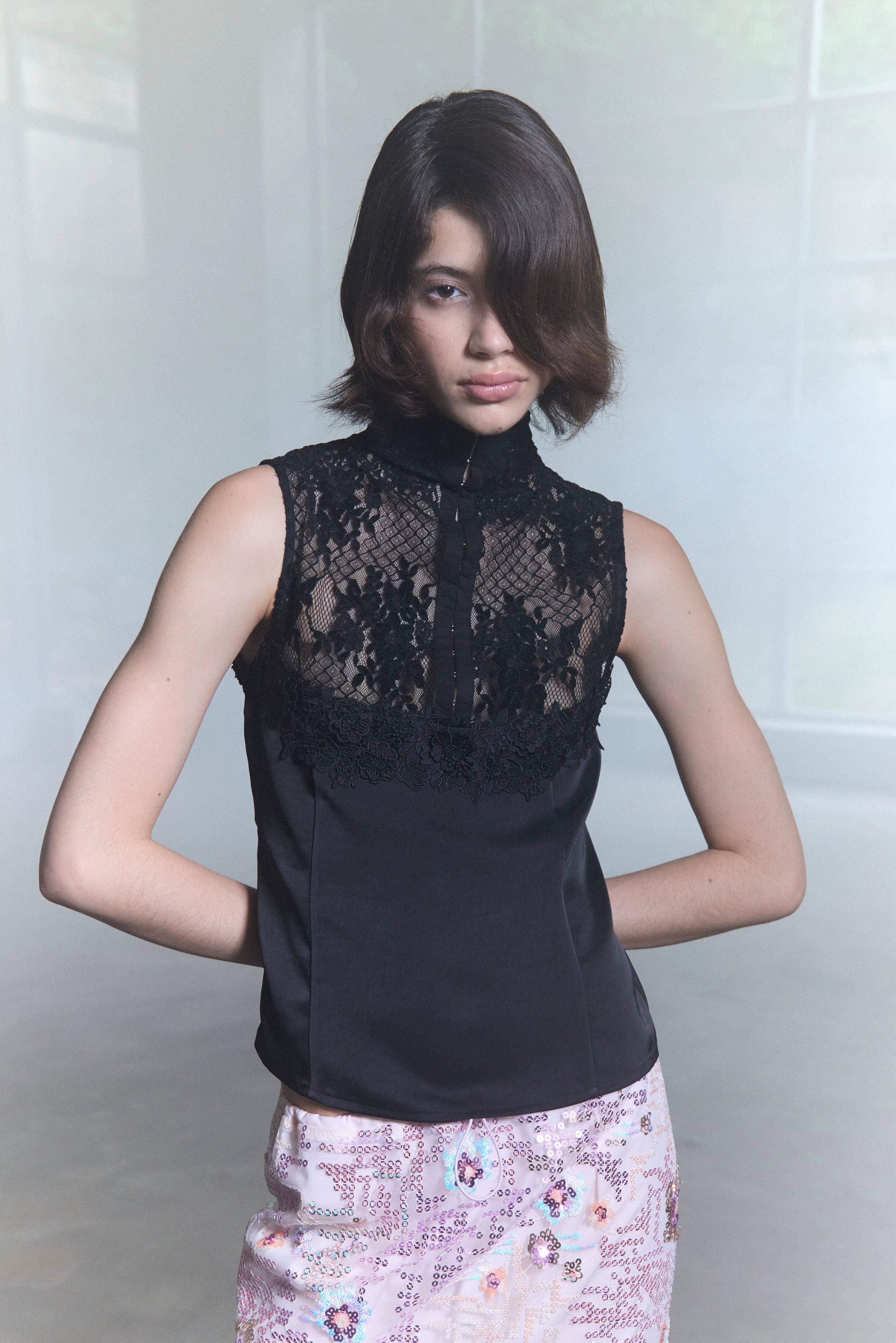 Embossed Lace Panel Sleeveless Top