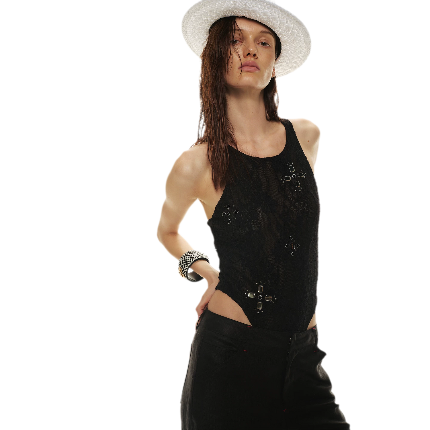 Stylish Gemstone Lace Halter Bodysuit Top