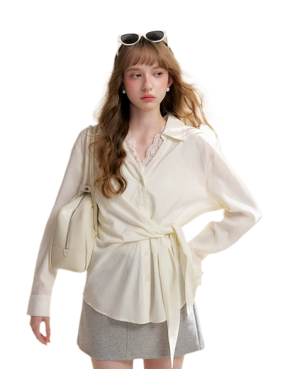 Tencel Lace V-Neck Long Sleeve Shirt