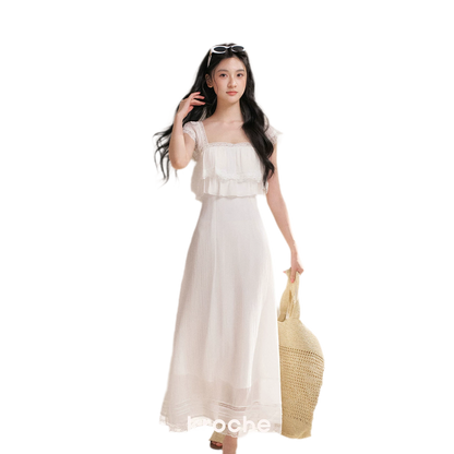 Lace Ruffle Waist Long Dress
