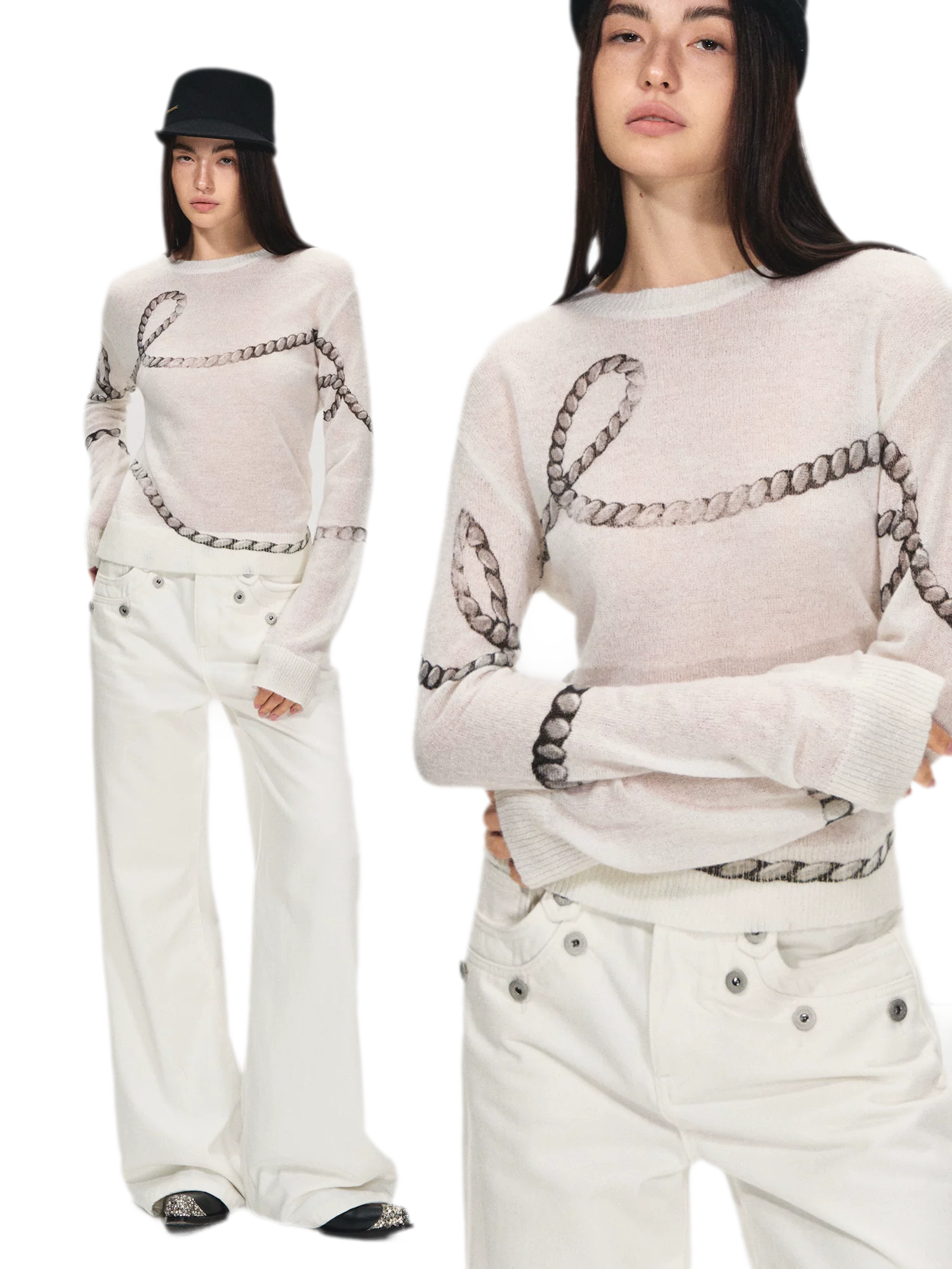 Mohair Wool Sweater with Irregular Chain Print