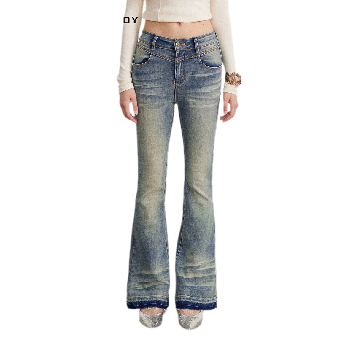 Washed Micro-Flare Contrast-Hem Jeans