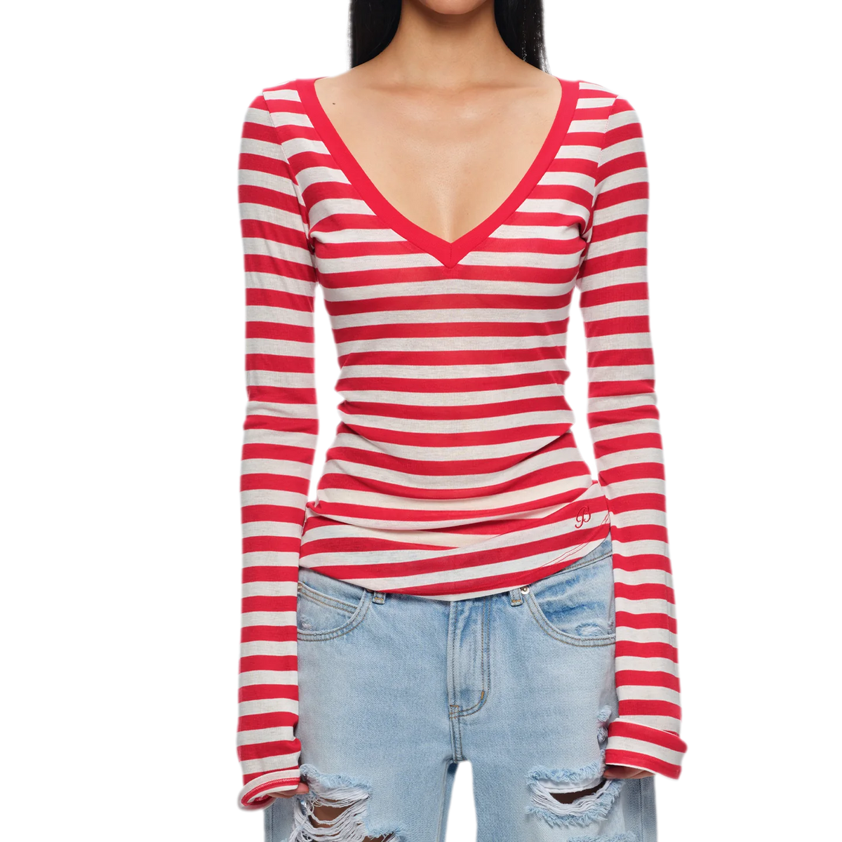Wool V-Neck Striped T-Shirt