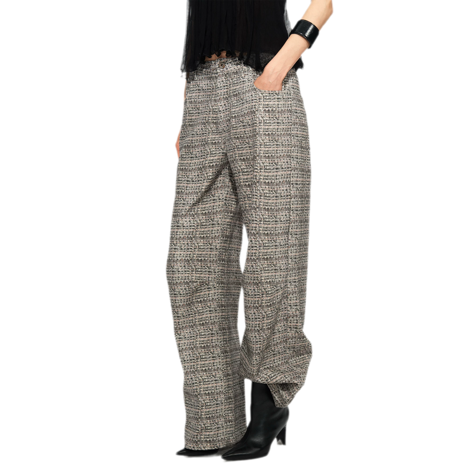 Plaid Tweed Wide Jeans