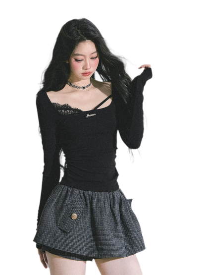 Lace Panel Fitted Long-Sleeve Top