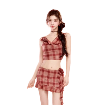 Plaid Cowl Neck Skort Set