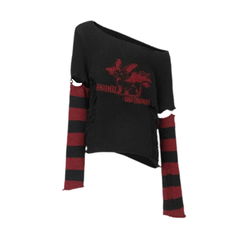 Distressed Graphic Off-Shoulder Knit