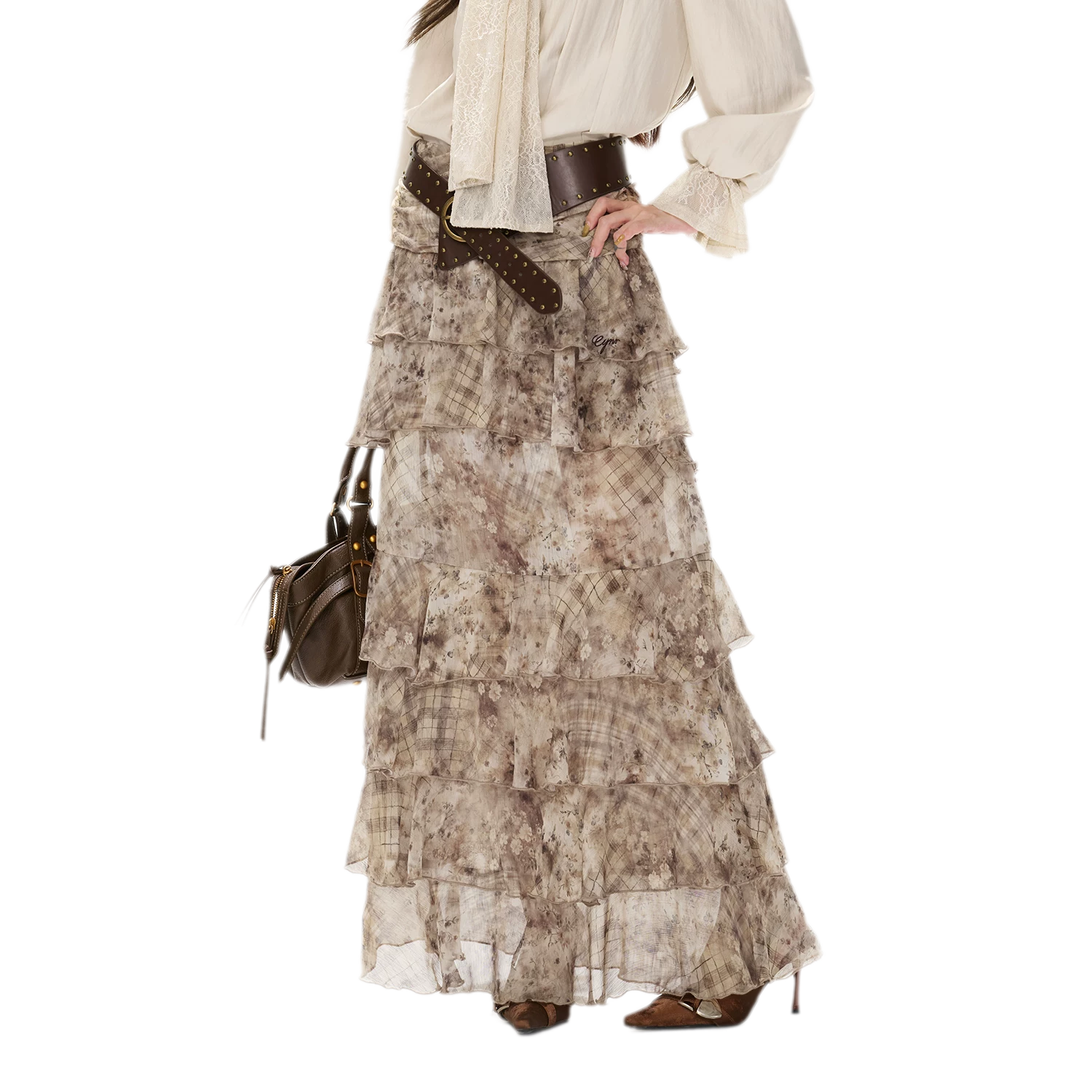 Vintage Ruffle Chiffon Maxi Skirt