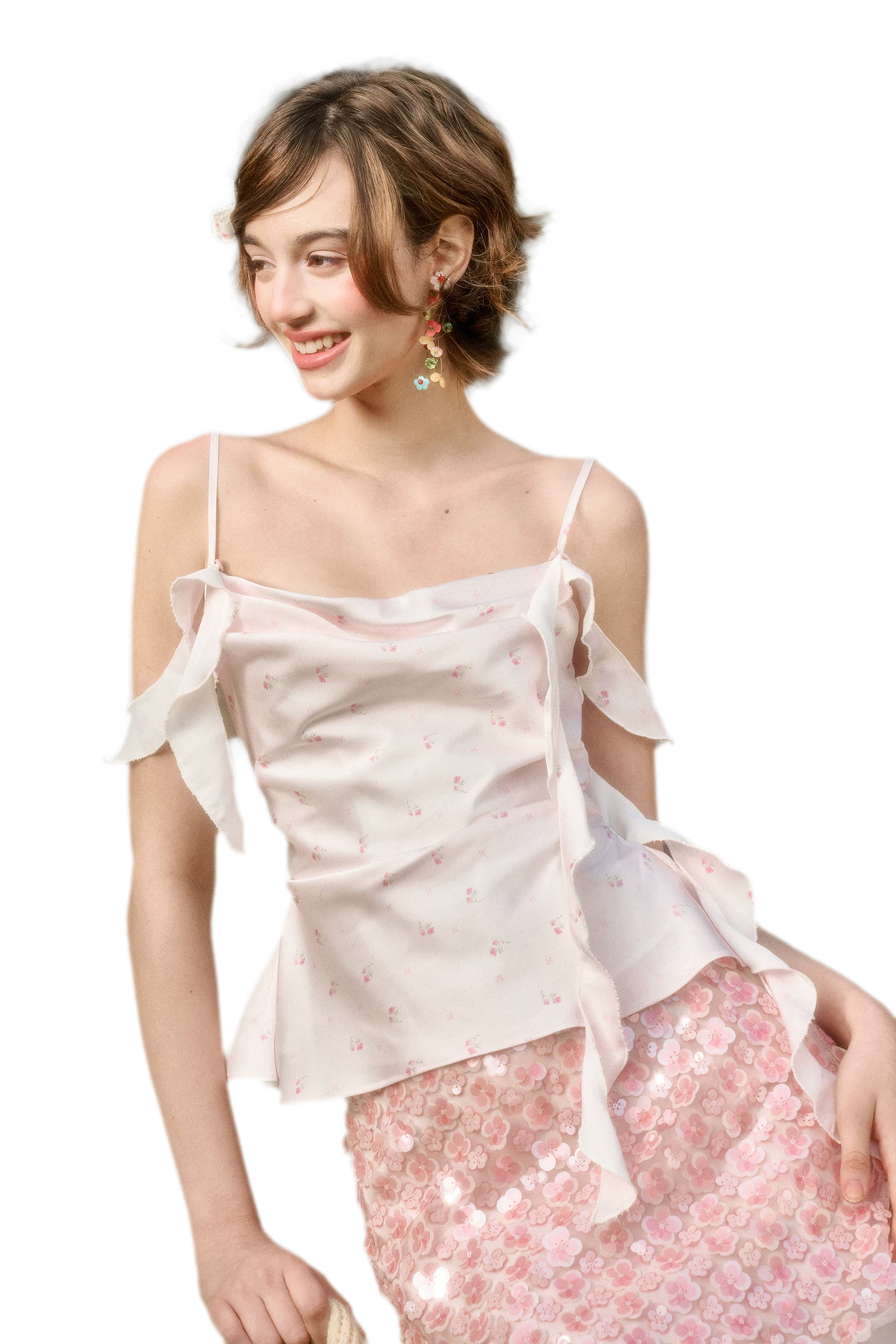 Babypink Satin Ribbon Top &amp; Sequin Skirt Set