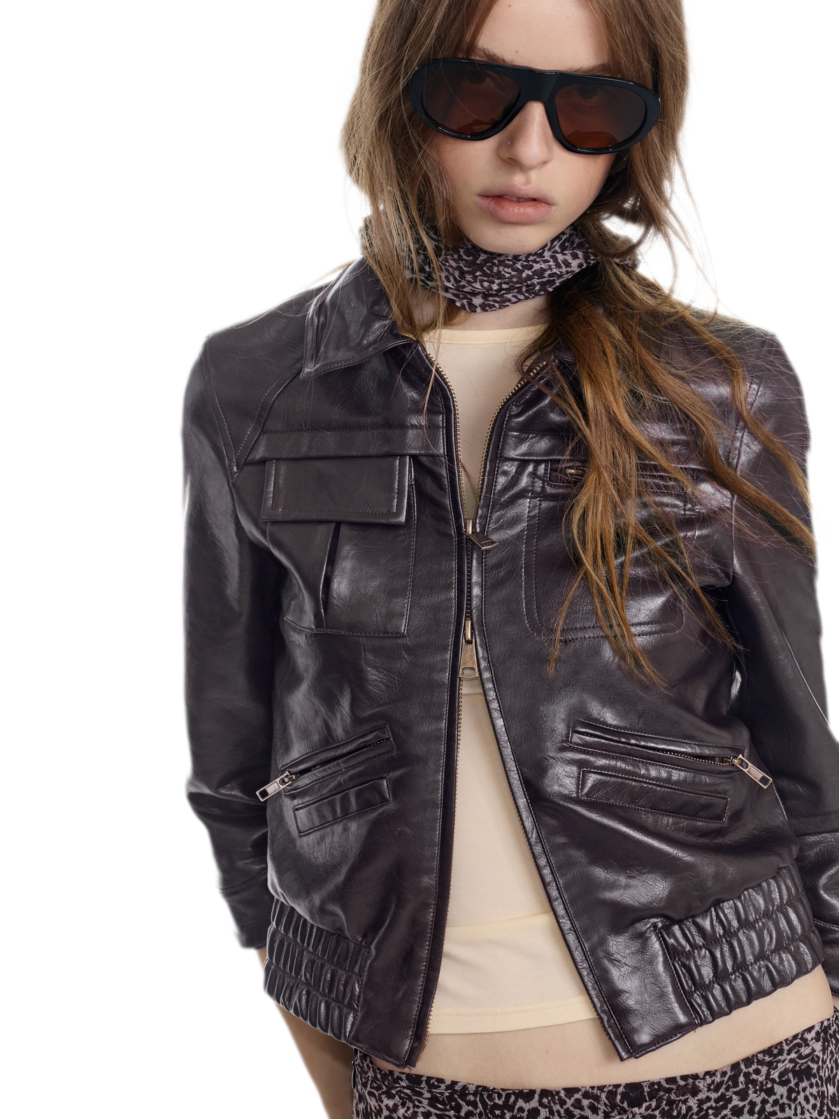 Washed Leather Cropped Cargo Jacket