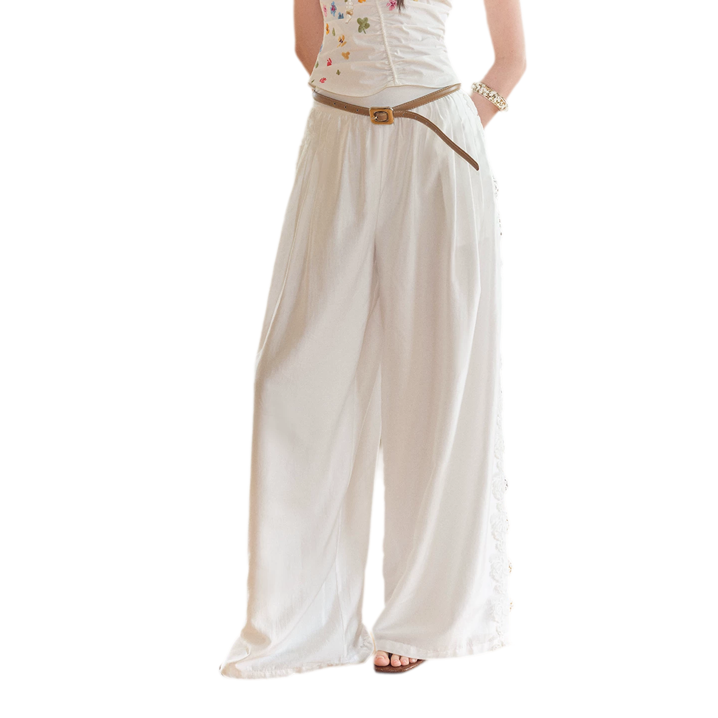 Summer Tencel Wide-Leg Pants with Lace Trim