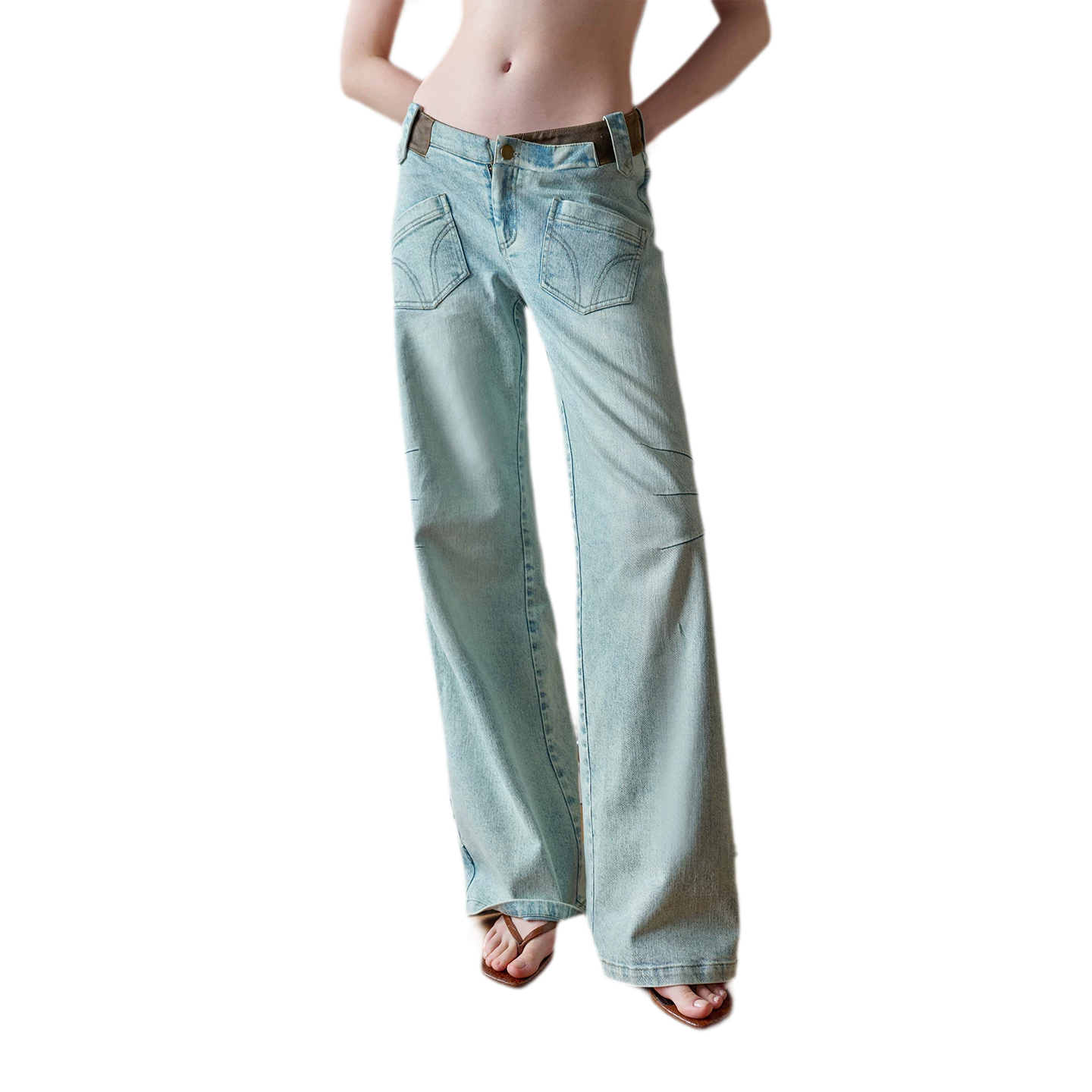 Vintage V-Waist Washed Blue Suede Patch Jeans