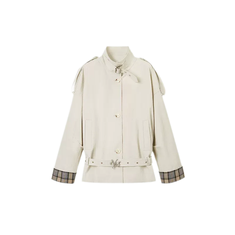 Contrast Plaid Belted Mid-Length Jacket