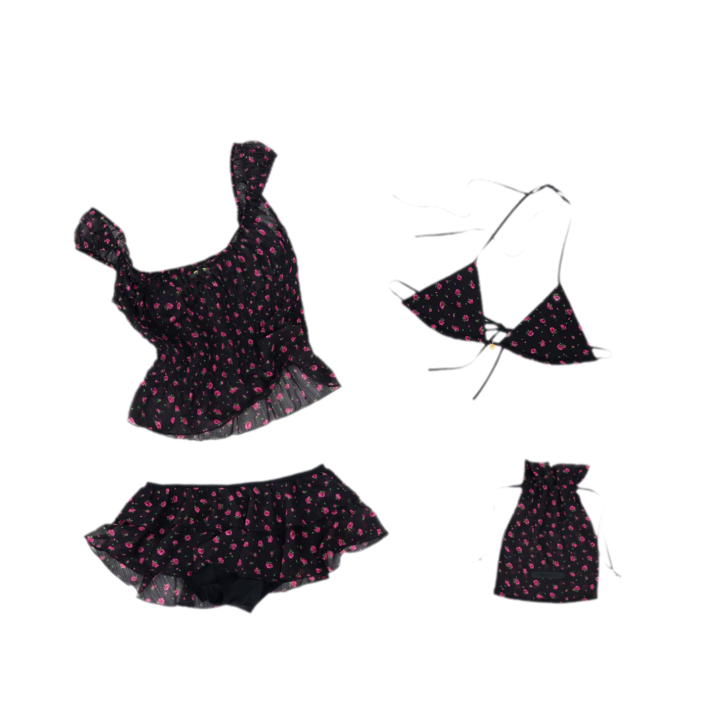 Black Floral U-Neck Three-Piece Bikini Set