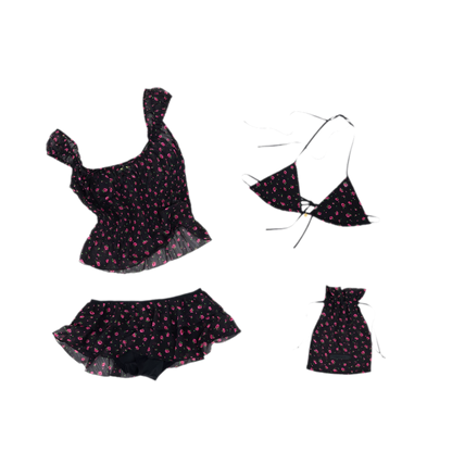 Black Floral U-Neck Three-Piece Bikini Set