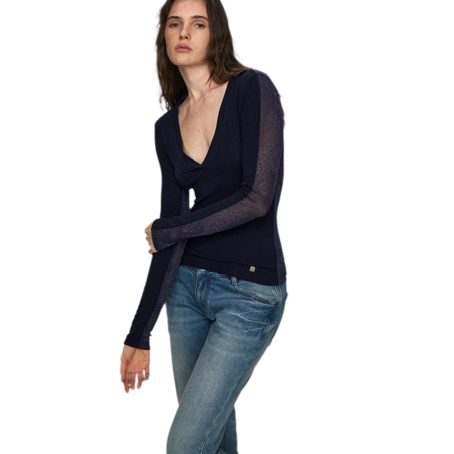 Wool Lyocell V-Neck Long Sleeve Top with Lace