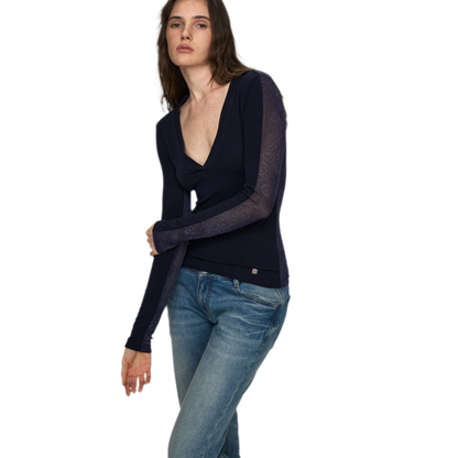 Wool Lyocell V-Neck Long Sleeve Top with Lace