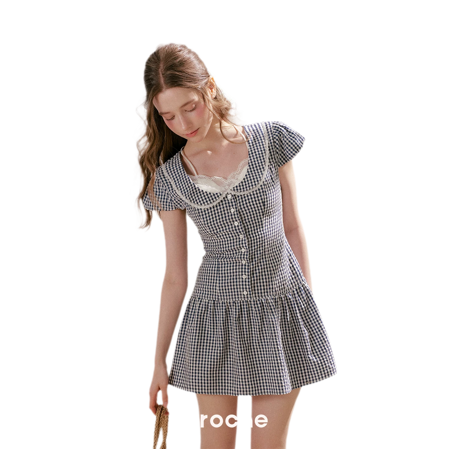 Tencel Cotton Lace Vintage Plaid Short Sleeve Dress