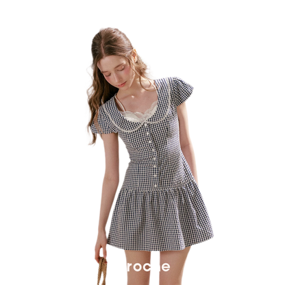 Tencel Cotton Lace Vintage Plaid Short Sleeve Dress