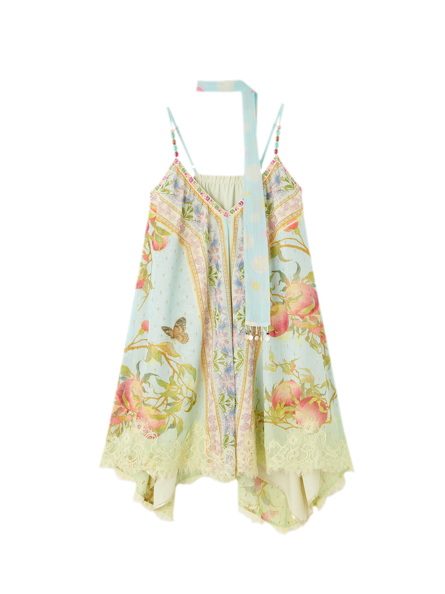 Peach Branch Print Metallic Chiffon Dress