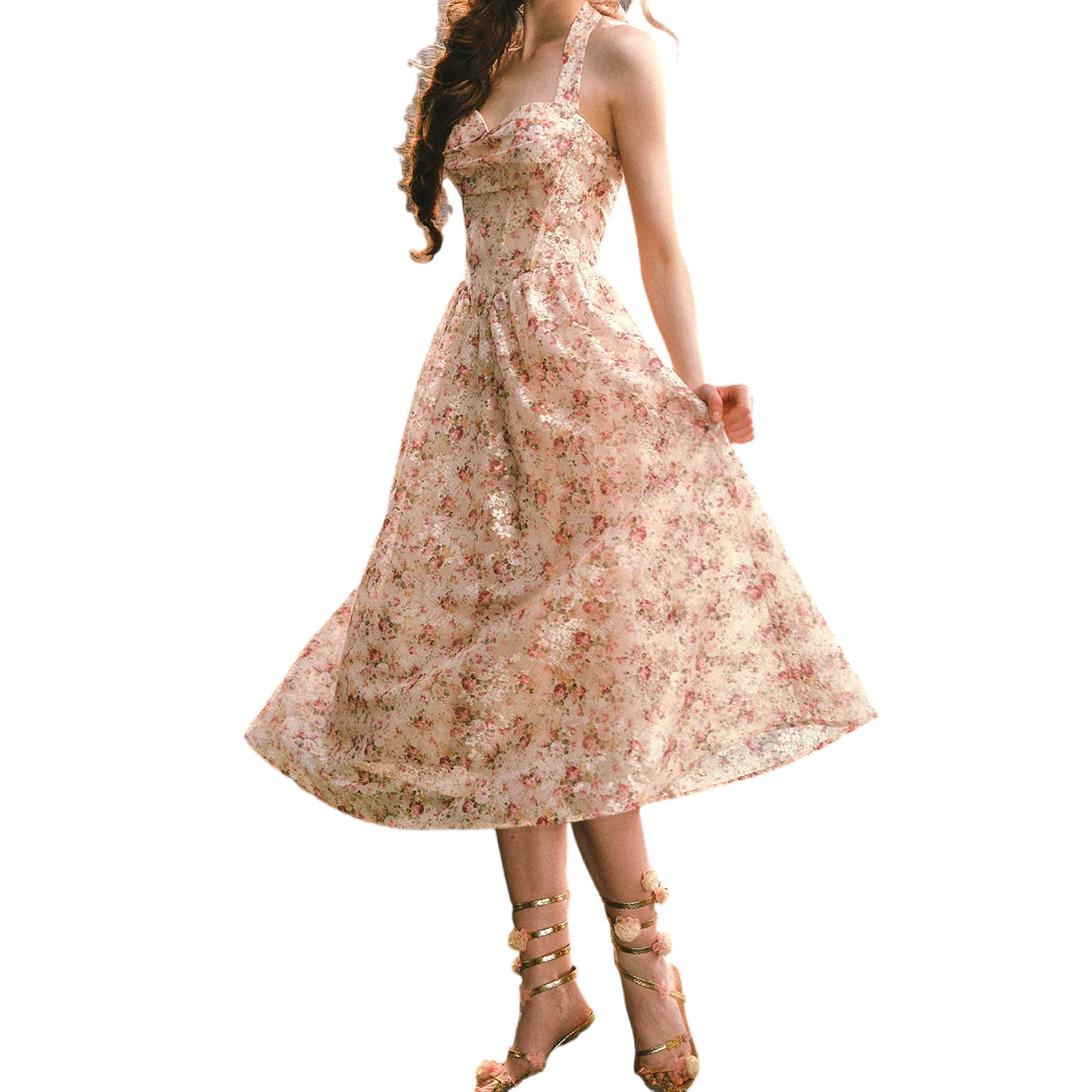 Forest Rose French Retro Floral Halter Long Dress