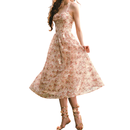 Forest Rose French Retro Floral Halter Long Dress