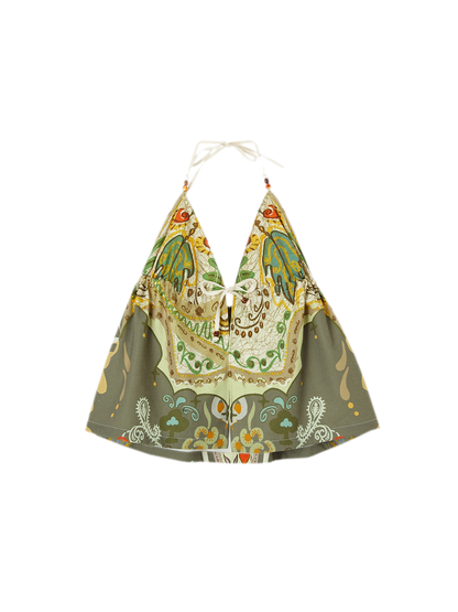 She Island Bohemian Halter Tie-Back Printed Crop Top