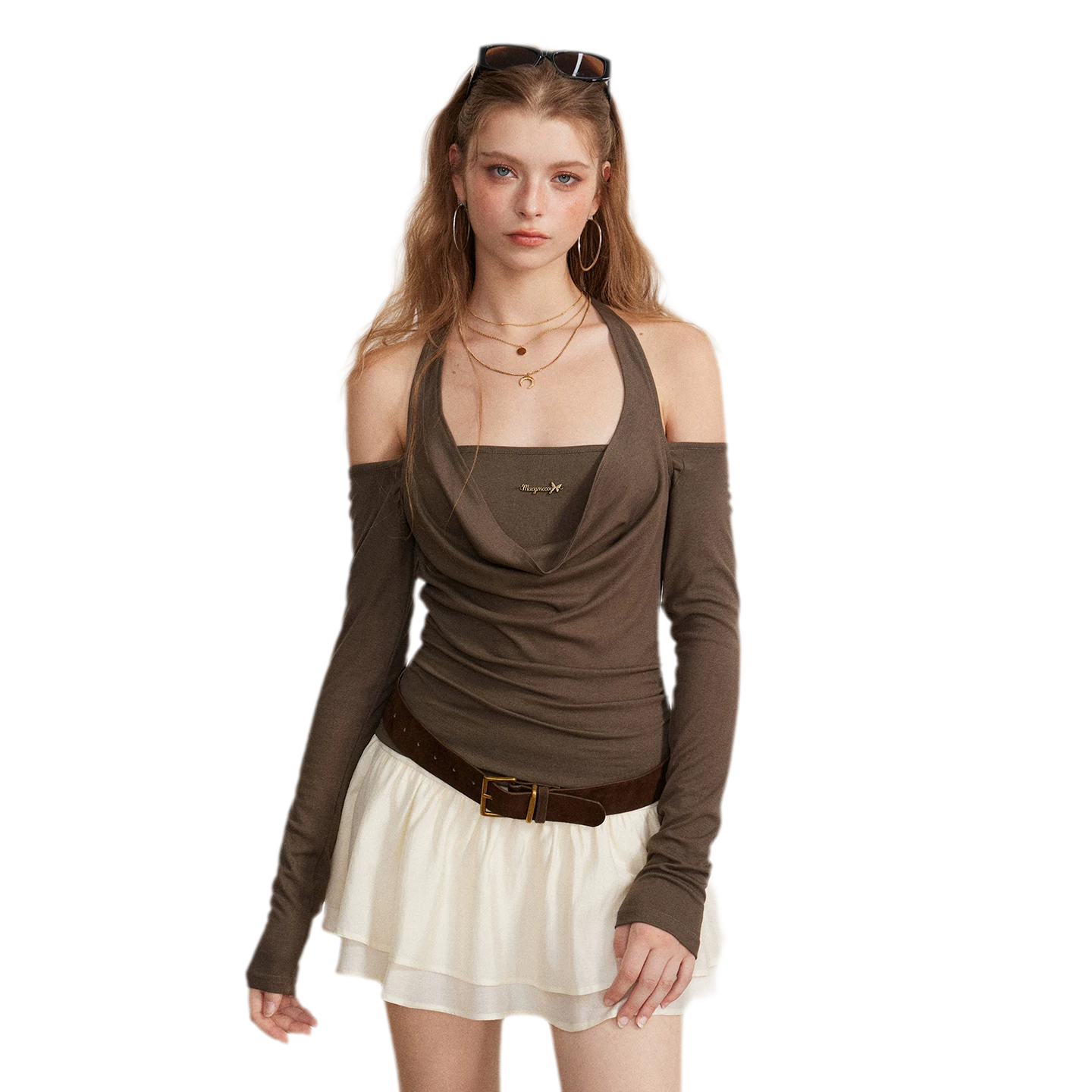 Draped Off-Shoulder Long-Sleeve Top