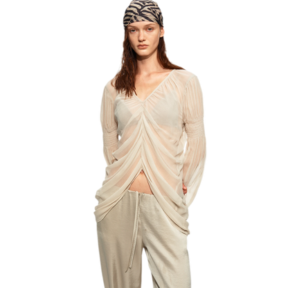 Pleated Bubble Sleeve Chiffon Blouse