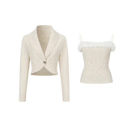Ensemble tricoté en fourrure de renard à motif losanges