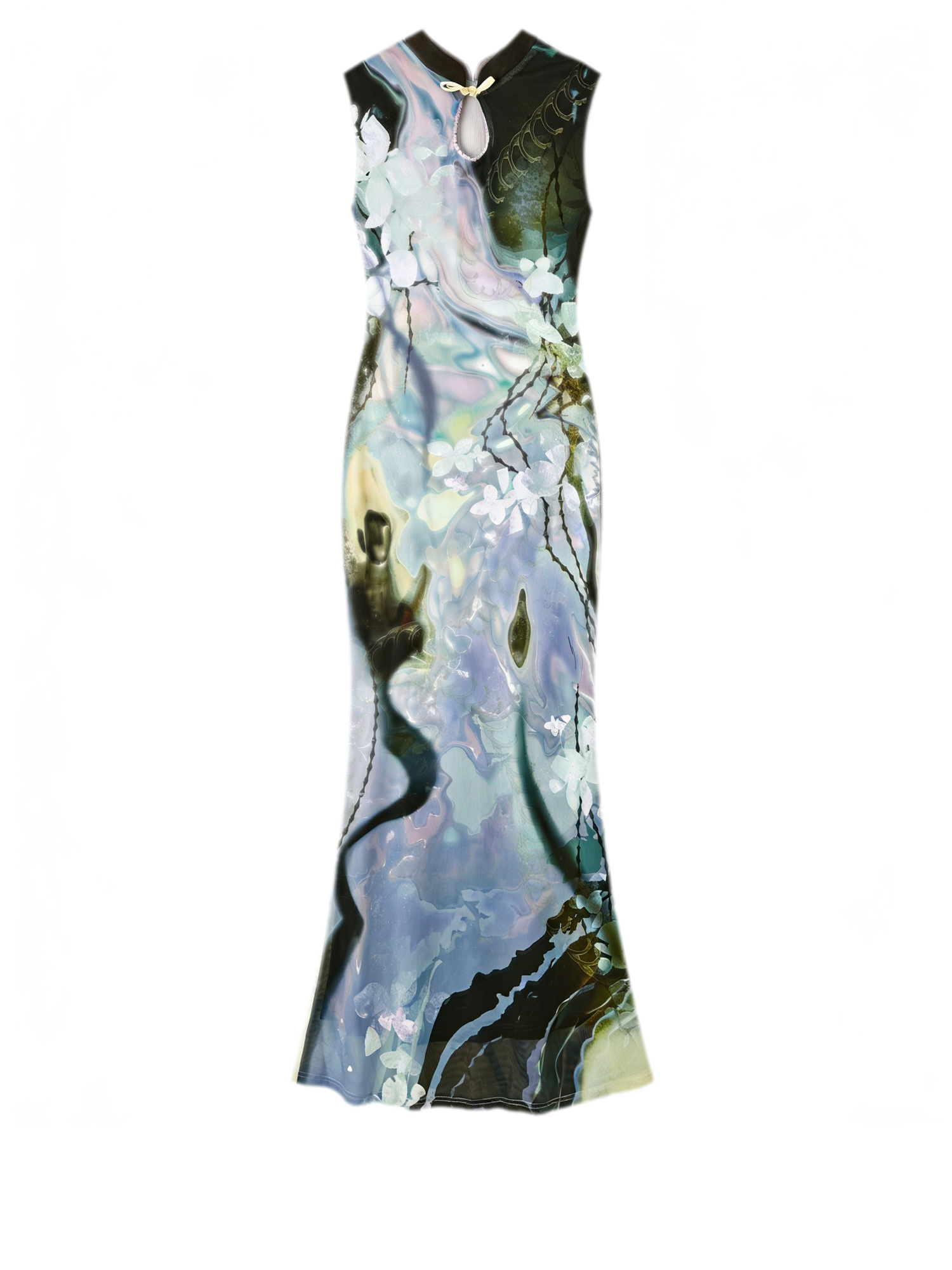 Black Rose Impressionist Print High-Waist Mermaid Dress