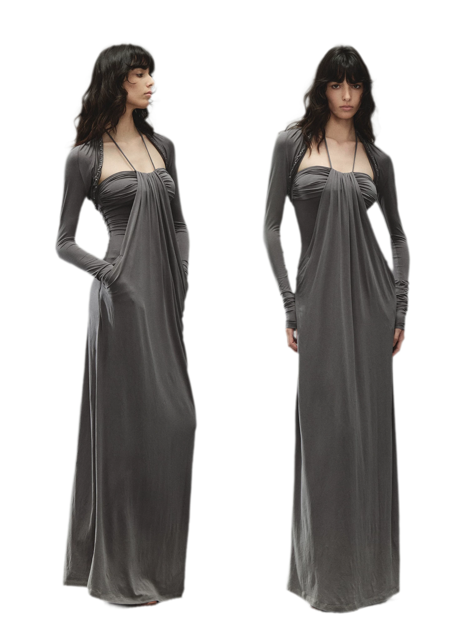 Laisel Handwoven Twist Metallic Chain Pleated Halter Dress