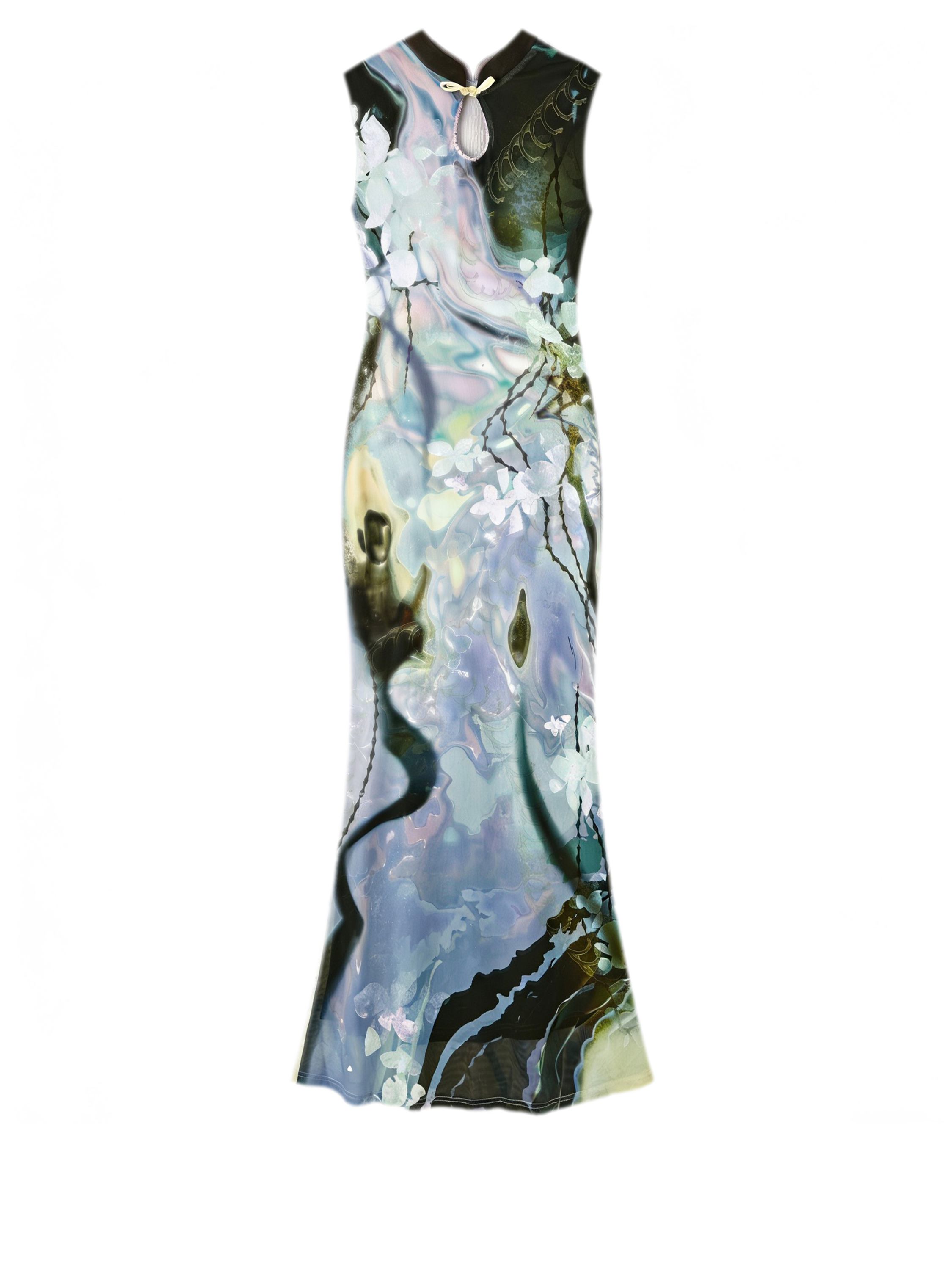 Black Rose Impressionist Print High-Waist Mermaid Dress