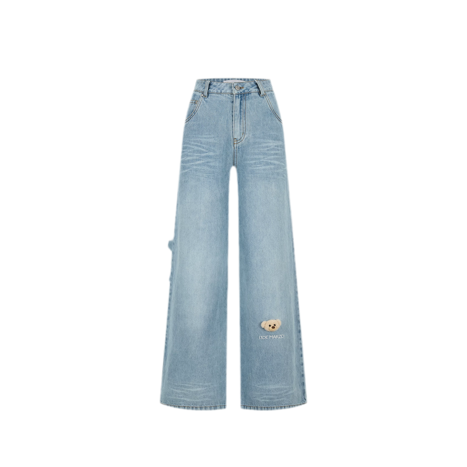 13DE MARZO Bear Appliqué Wide Jeans – Blue