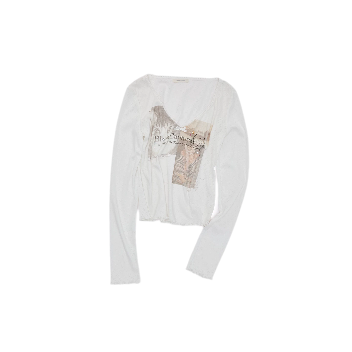 Camiseta de manga larga con ribete de encaje y pedrería