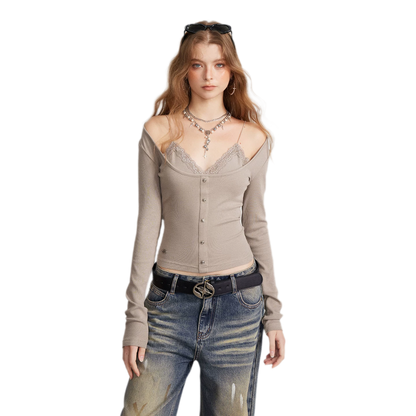 Ribbed Lace Splice T-Shirt