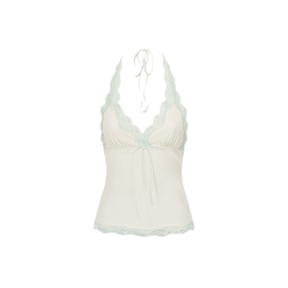 Colorblock Lace Trim Bow Tie Halter Top