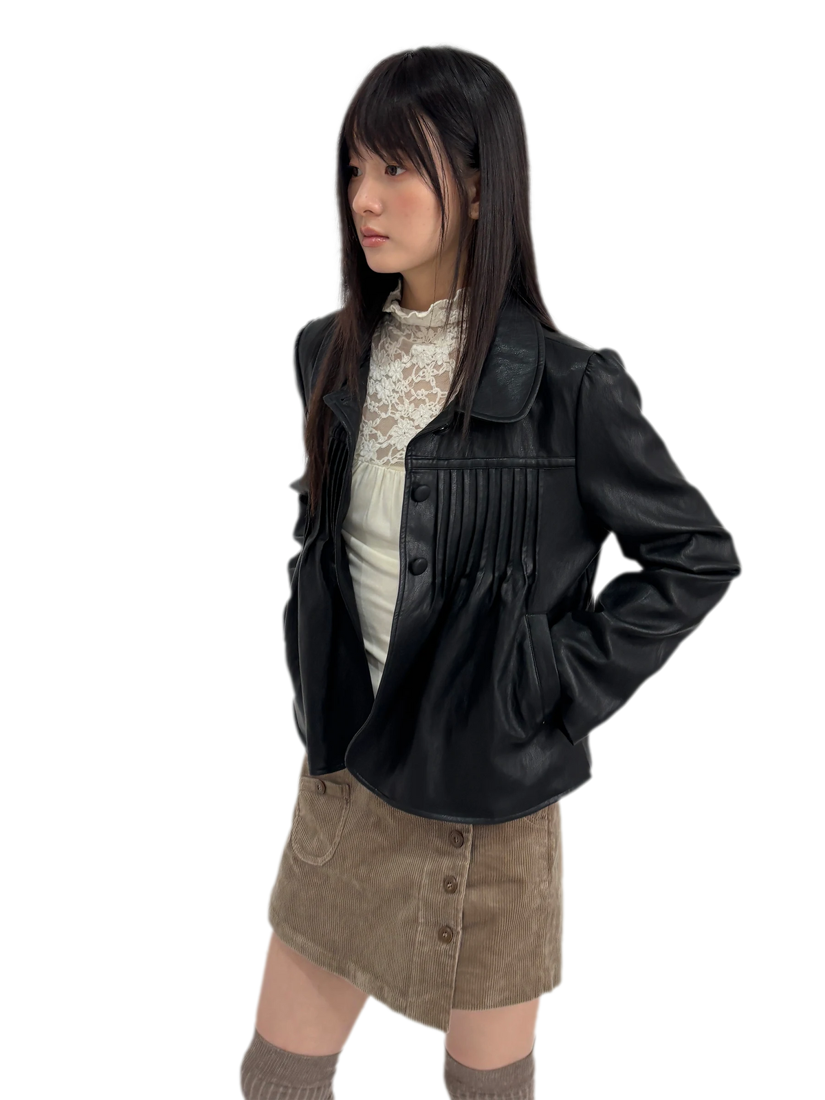 Distressed Pleated Oversized Leather Jacket