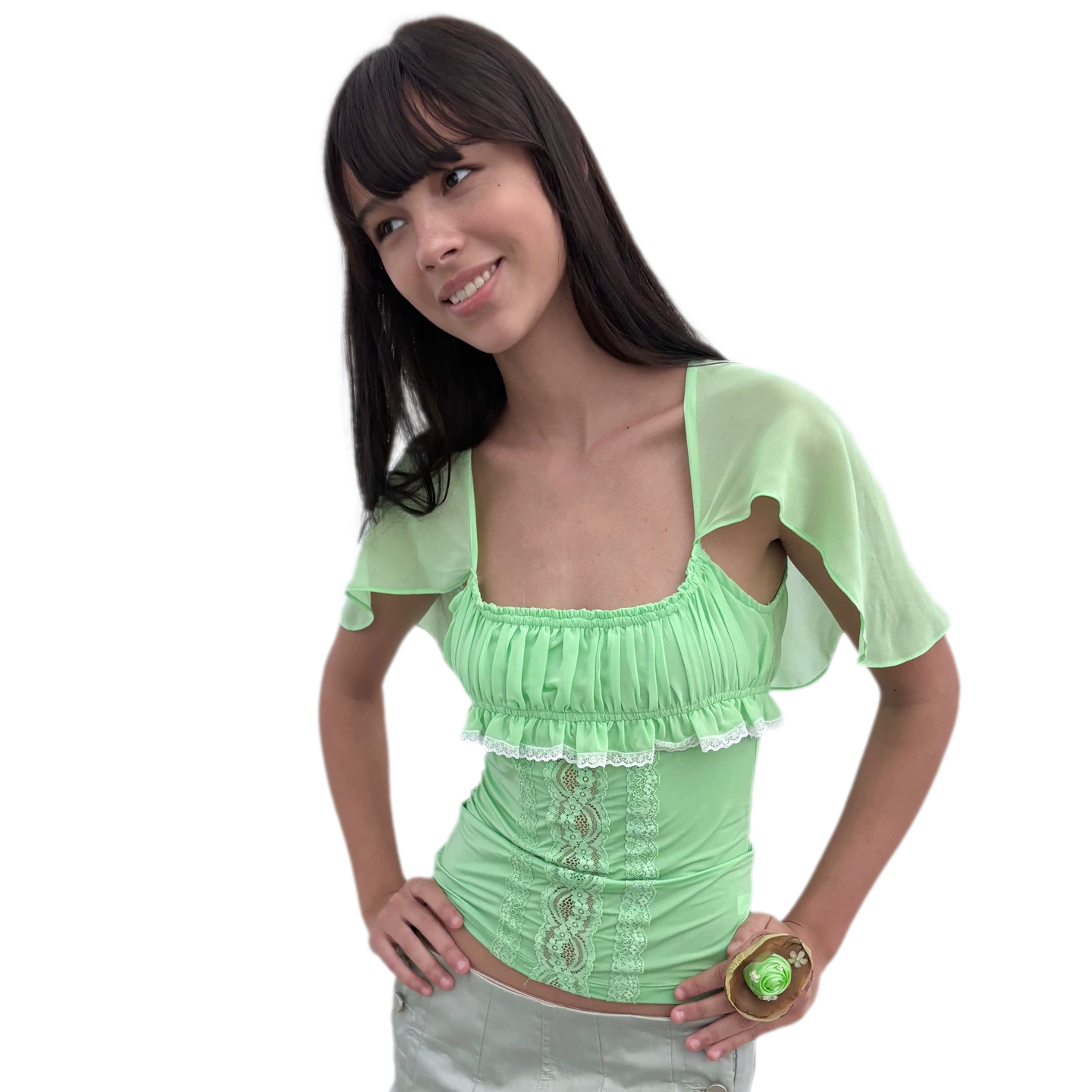 Lace Ruffle Fitted Chiffon Top
