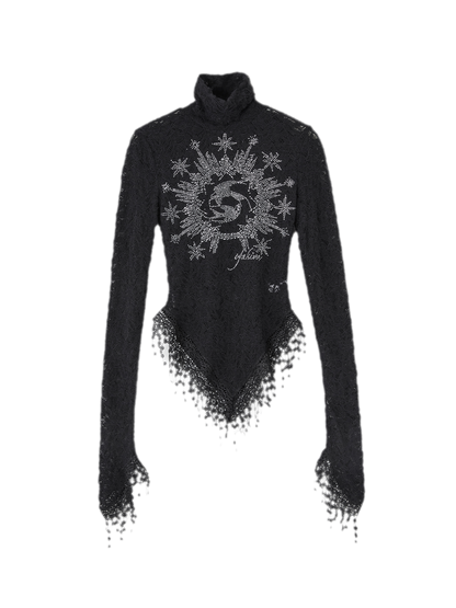 Rose Embellished High Neck Slim Lace Top