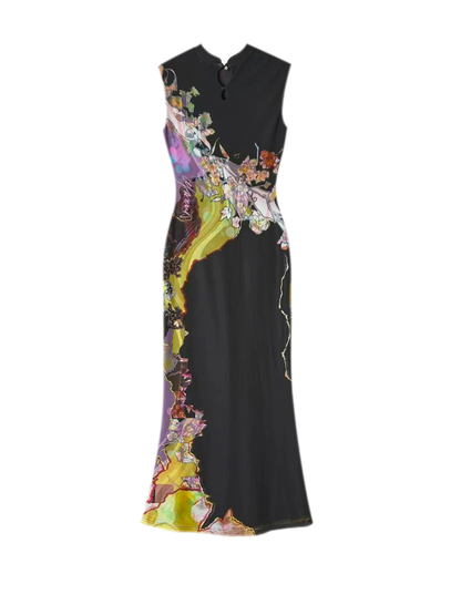 Tri-color Reversible Printed Qipao Dress