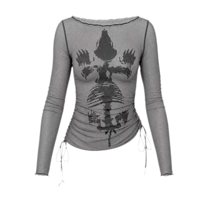 Sheer Asymmetric Skeleton Print Top