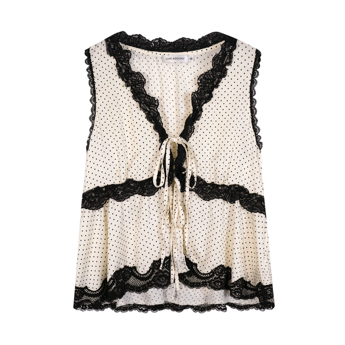 V-Neck Lace Polka Dot Waist-Defined Sleeveless Top