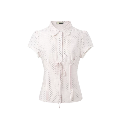 Korean Style Lyocell Waist-Tie Polka Dot Puff Sleeve