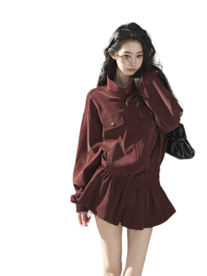 Faux Leather Stand Collar Jacket